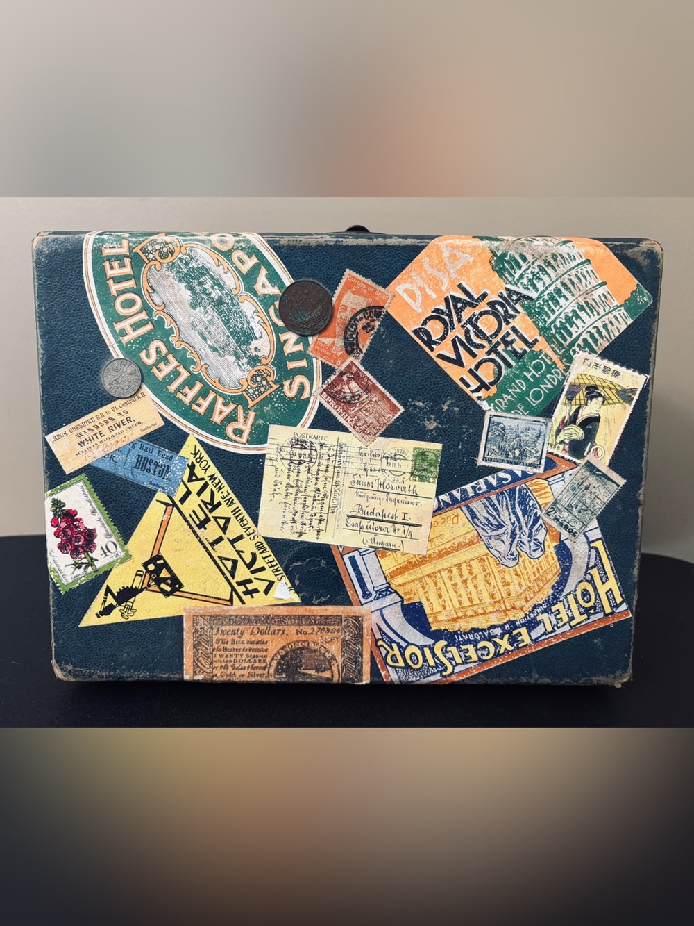 Vintage Travel Suitcase with International Stickers